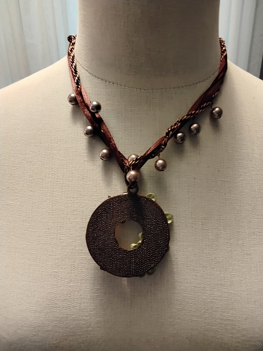 Custom  Made Rose Wreath Pendant Necklace - Brown and Pink - Picture 2 of 5